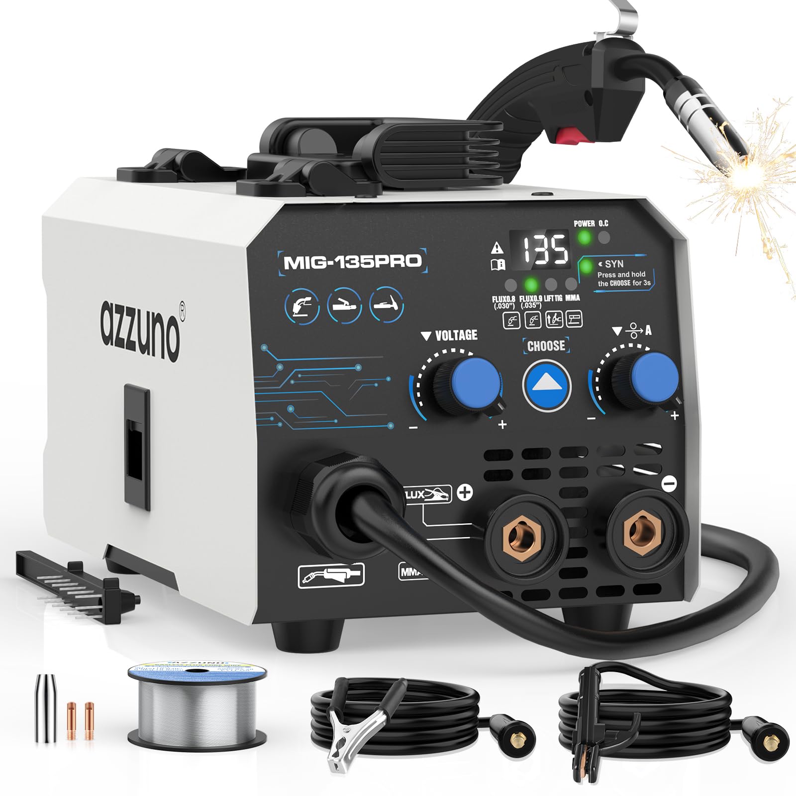 AZZUNO 135A MIG Welder 110v, 3 in 1 MIG Welder Machine Flux Core